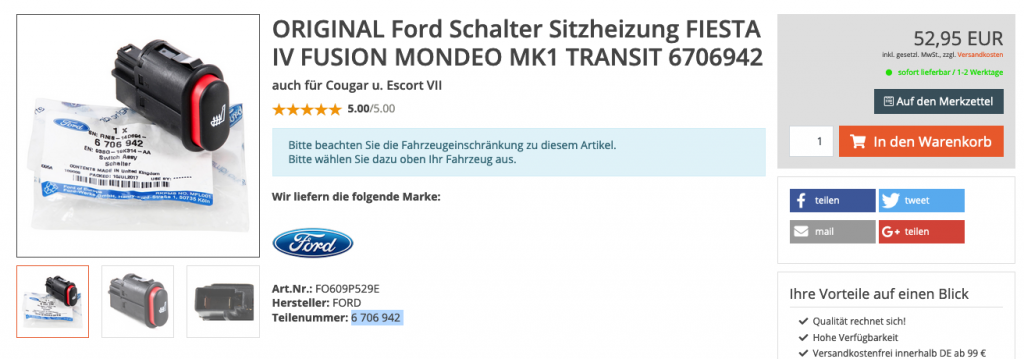 Ford Sitzheizungsschalter für Ford Fiesta Fusion Ranger Custom